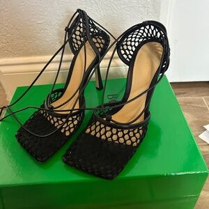 Bottega veneta black stretch web sandal heels